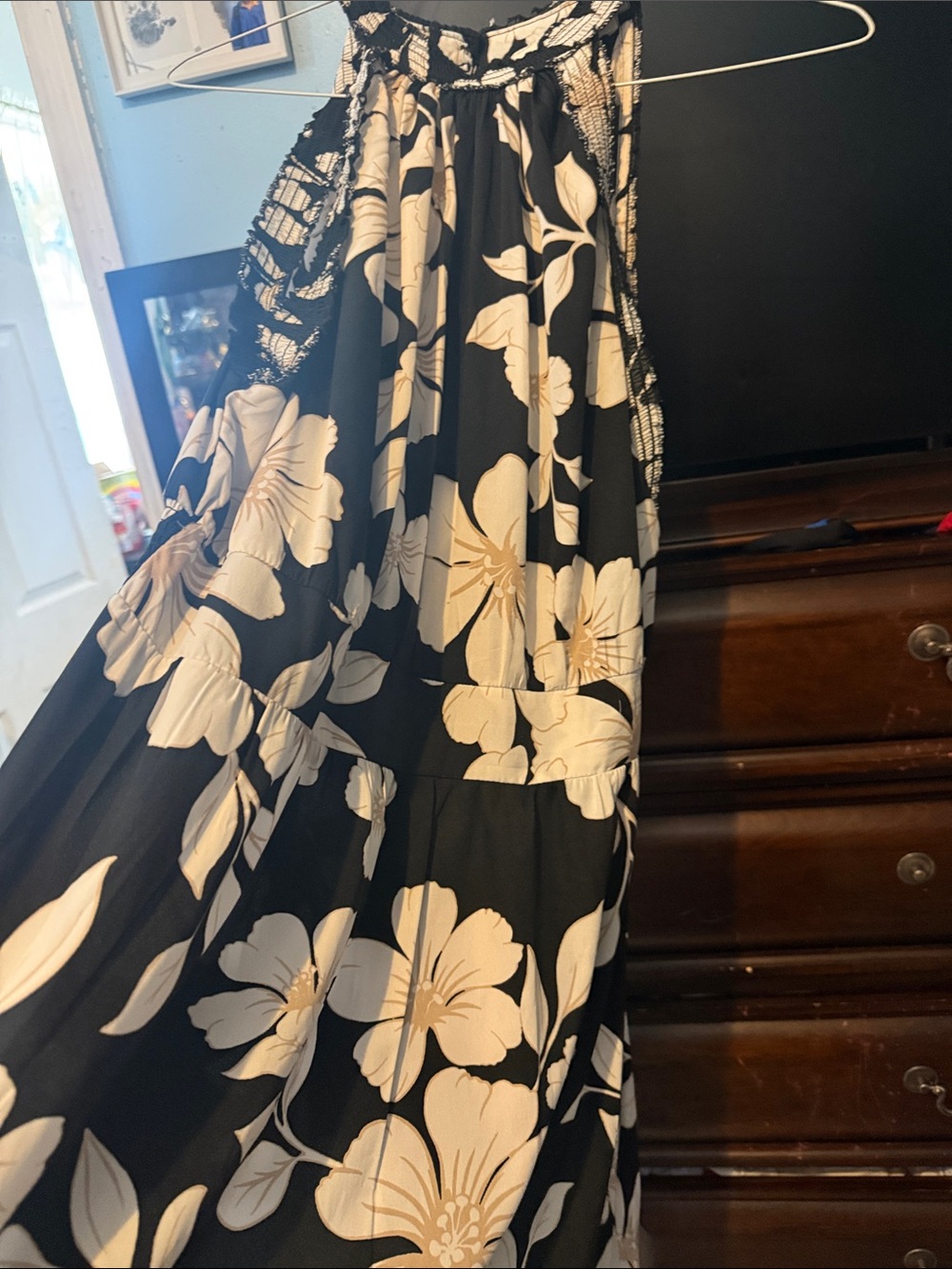 Black Halter Maxi Dress with Cream Floral Print
